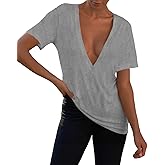 Womens Sexy Deep V Neck T Shirts Summer Oversized Short Sleeve Tee Tops