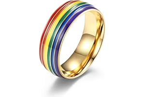 PINGYONGCHANG 8MM Rainbow Enameled Stainless Steel Ring Colorful LGBT Pride Rings for Women Girls Boy Men Lesbian Gay Birthday Party Band