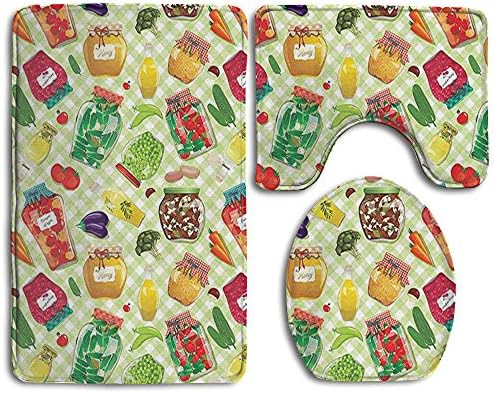 Guiping Foods In Glass Jars On Checked Table Cloth Cucumber Tomato Eggplant Carrot Mushroom Bathroom Rug Mats Set 3 Piece,Funny Bathroom Rugs Graphic Bathroom Sets,Anti-skid Toilet Mat Set