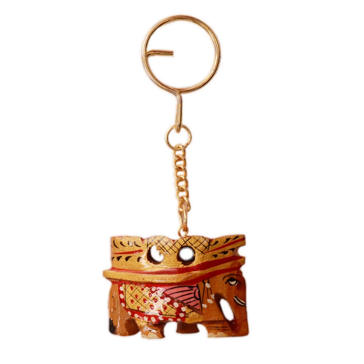 Purpledip Key Chain/Ring/Hook 'Royal Elephant': Sculpted In Kadam Wood with Fine Gold Painting, Unique Indian Gift Idea (11264)