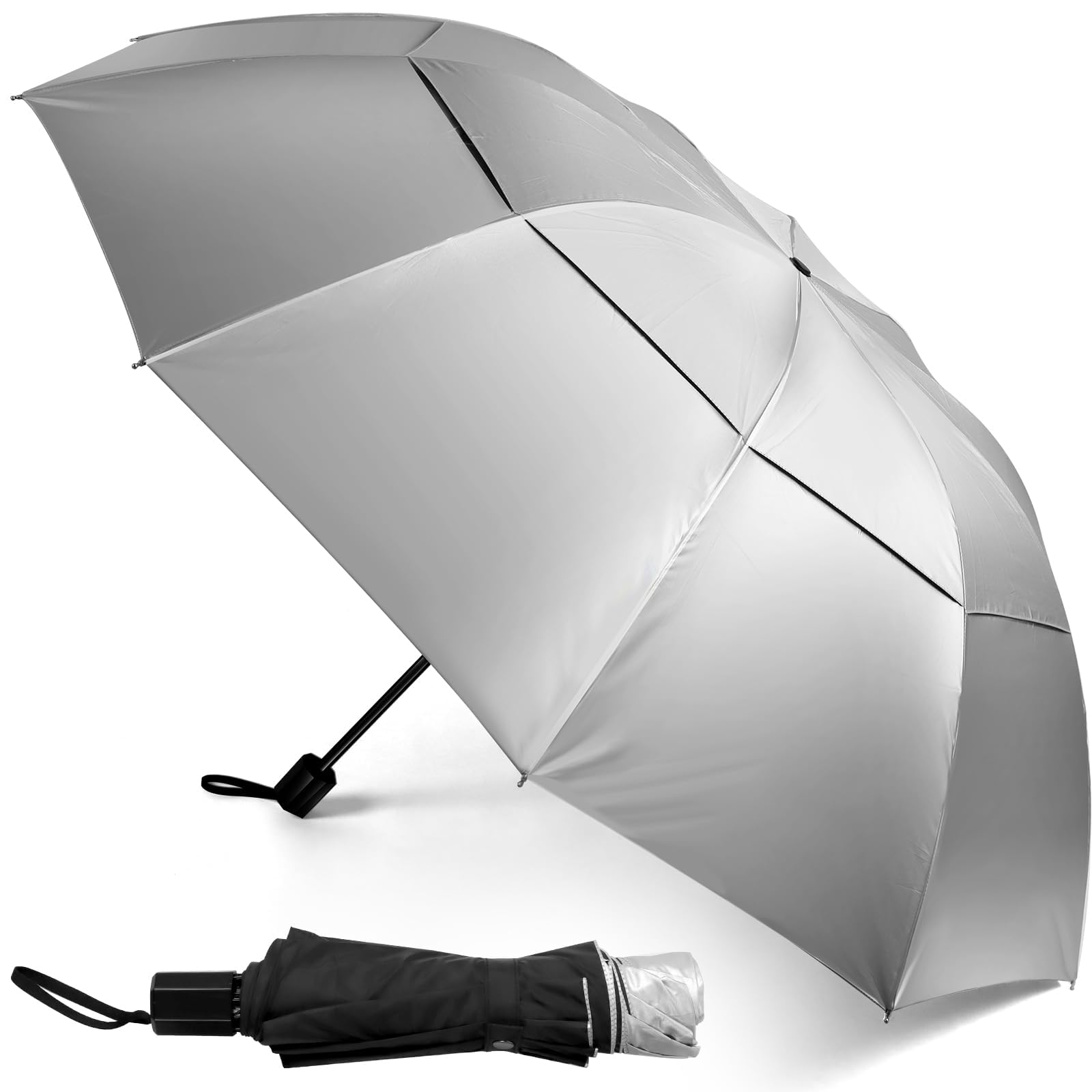 Kalolary 62 Inch Extra Oversize Large Compact Golf Umbrella, UPF50+ Double Canopy Vented Windproof Waterproof Stick Oversized Umbrella for Women & Men(Sliver)