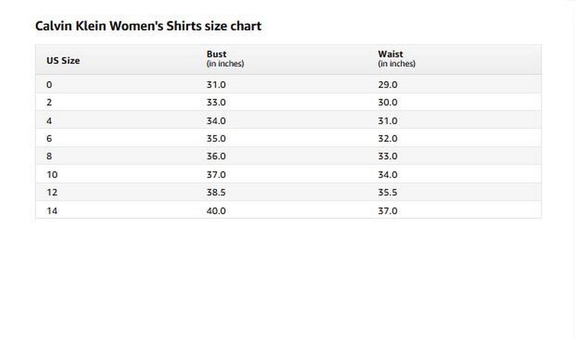 Calvin Klein Jeans Size Chart