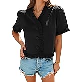 Tankaneo Womens Cropped Short Puff Sleeve Blouse Summer Ruffle V Neck Button Down Shirts Dressy Casual Work Tops