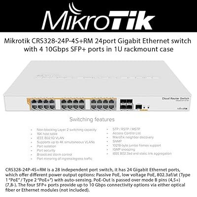 Mikrotik CRS328-24P-4S+RM 24 port Gigabit Ethernet router/switch with four 10Gbps SFP+ ports in 1U rackmount case, Dual Boot and PoE output, 500W