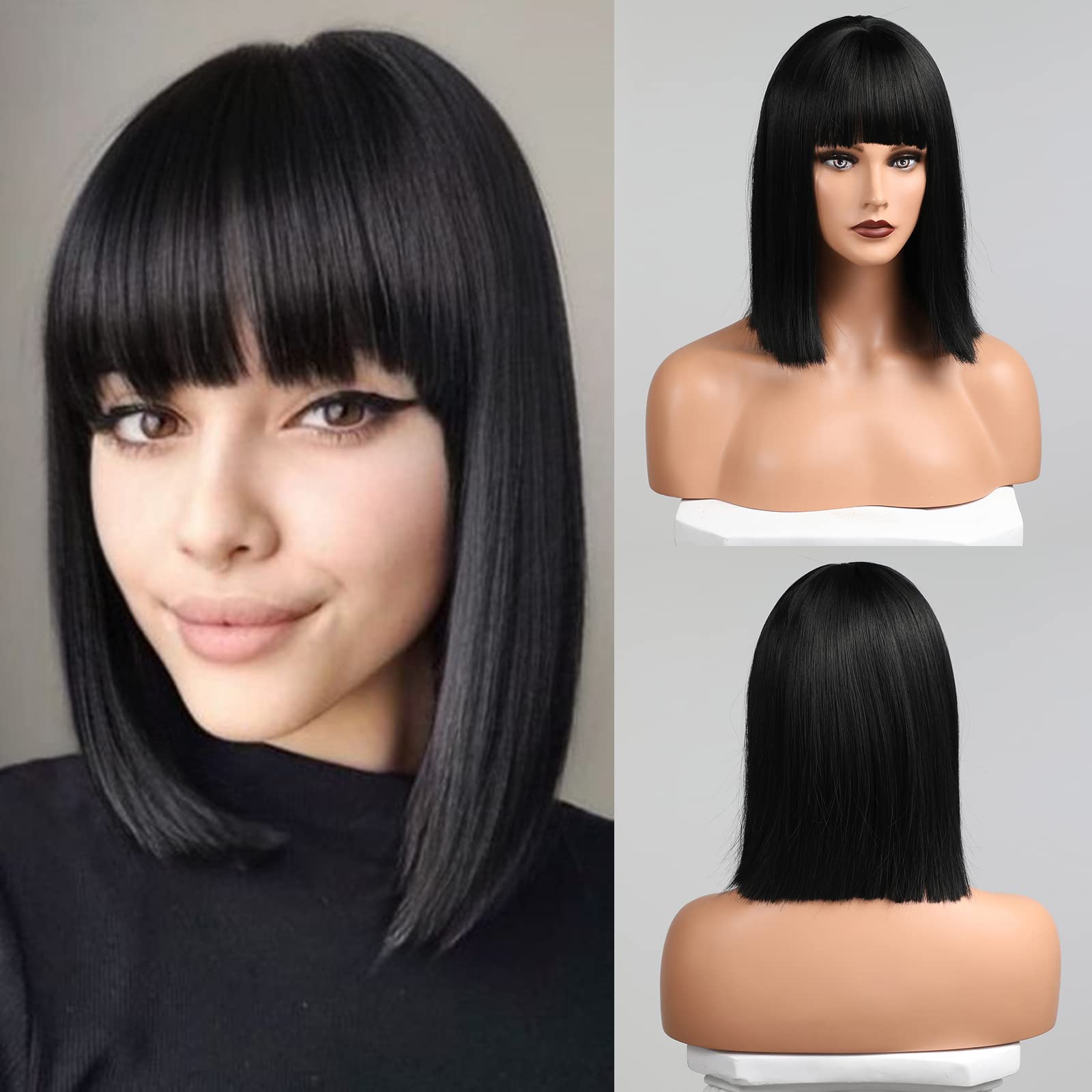 HAIRCUBE Straight Short Bob with Bangs Fashion Wigs for Women Nature Heat Resistant Synthetic Fiber Party/Cosplay/Costume/Daily Wig (Black)