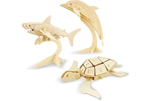 Georgie Porgy 3D Wooden Puzzles for Kids Toys Construction Woodcraft Kits DIY Model Puzzle Kits Birthday Gifts Pack of 3 (Shark Sea Turtle Dolphin)