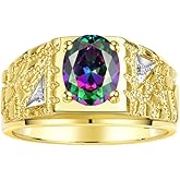 Rylos Men's Rings Designer Nugget Ring: Oval 9X7MM Gemstone & Sparkling Diamonds - Color Stone Birthstone Rings for Men, Yellow Gold Plated Silver Rings in Sizes 8-13. Mens Jewelry