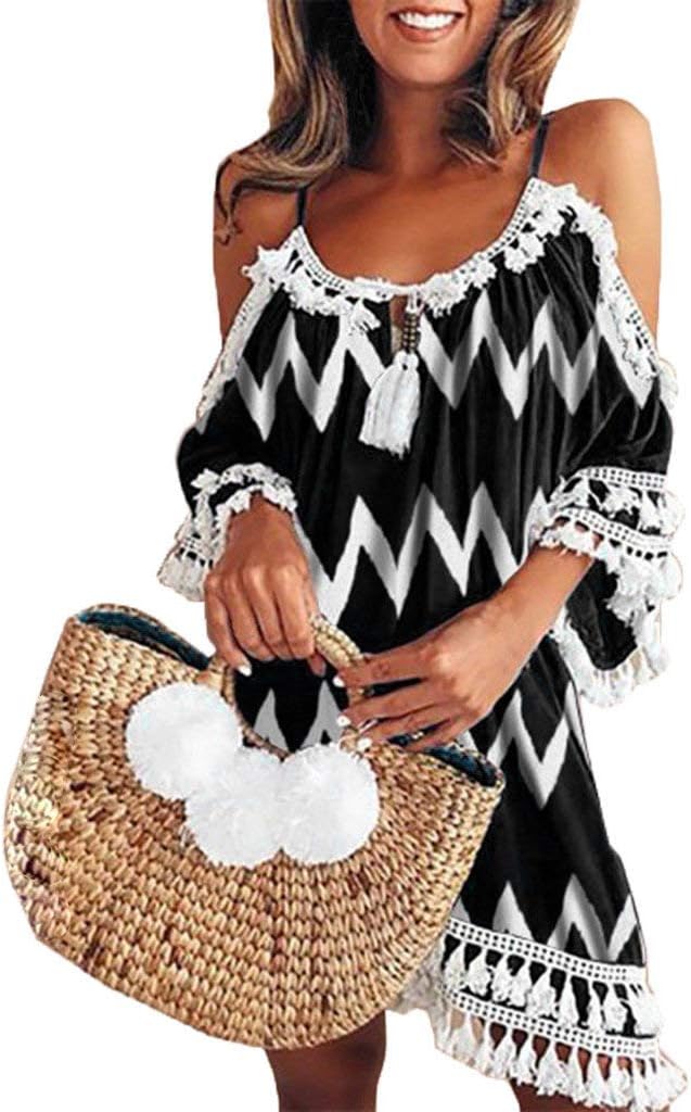 Women Off Shoulder Dress,Ladies Summer Maxi Halter Casual Loose Beach Dresses Tassel Short Cocktail Party Sundress