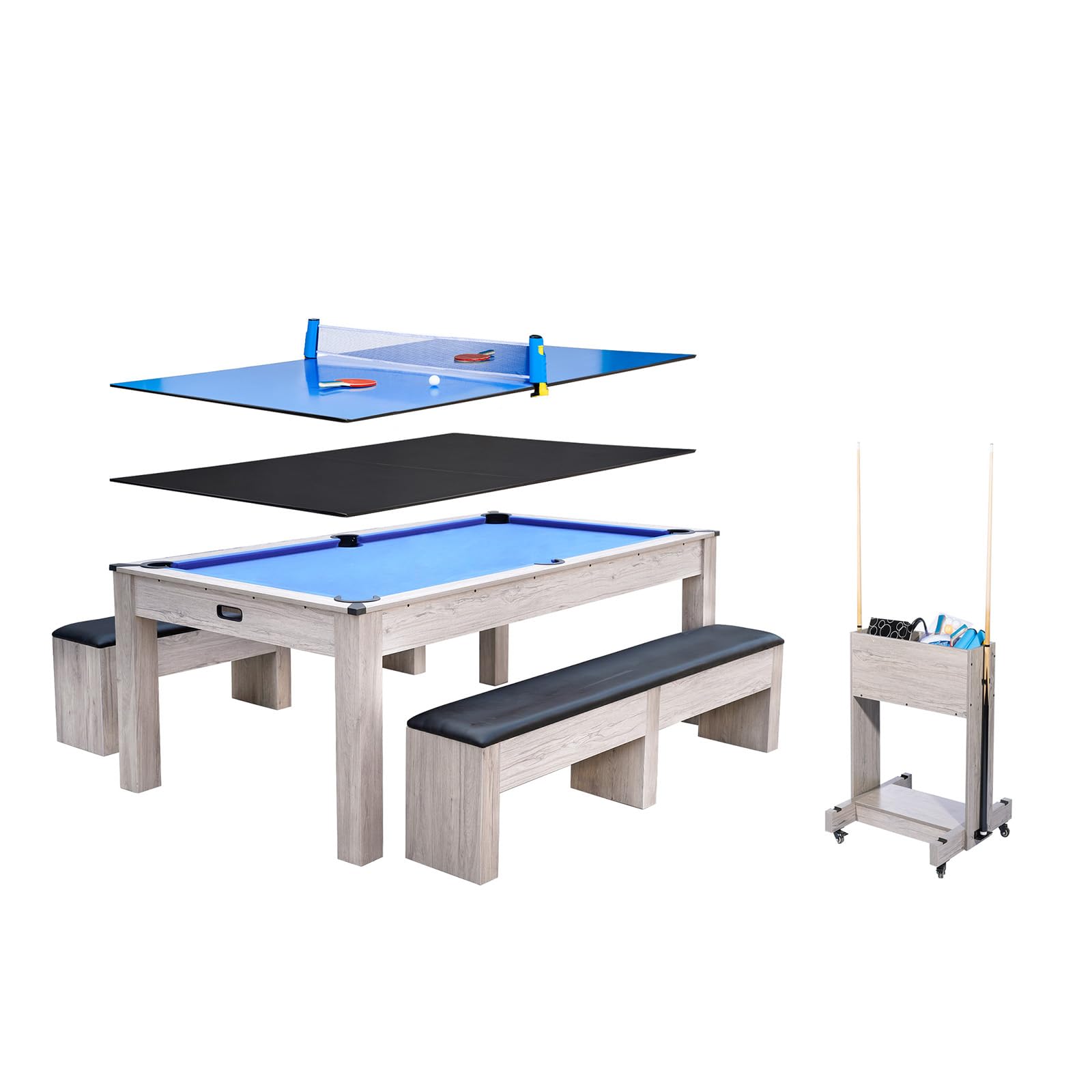 Photo 1 of 7FT 3-in-1 Pool Table with Dining Top & Table Tennis | Convertible Billiard Table for Home Game Room | Complete Set with Cues, Balls, Ping Pong Paddles, Net & Rolling Storage Caddy | Wood Grain Finish