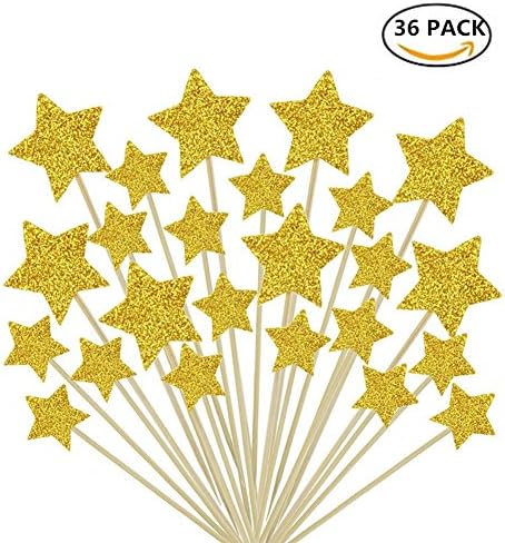 Twinkle Gold Star Cupcake Toppers Sticks Mini Birthday Cake Snack Decorations Bamboo Fruit Cocktail Forks Party Finger Food Picks set of 36pcs