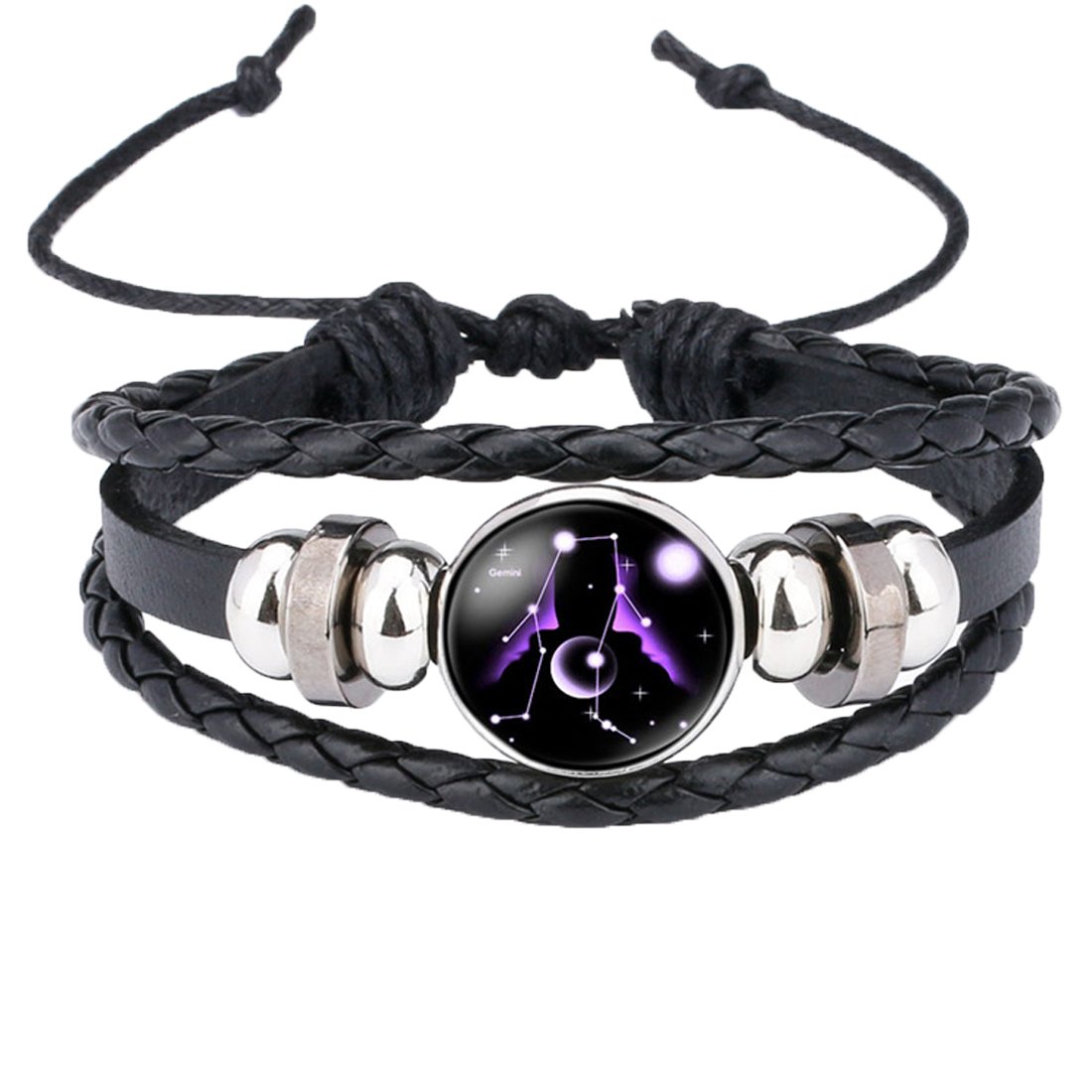 Caimeytie Braided Bracelet Adjustable Constellation Signs of Zodiac Clear Glass Charm Time Gems Serie-Gemini