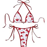WDIRARA Women's 2 Piece Cherry Print Halter Bikini Set String Triangle Swimsuit Bathing Suit