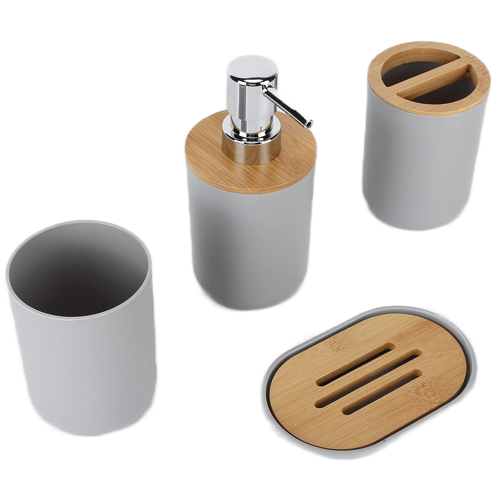 Set of 4 Complete Bathroom Accessories, Bathroom Set with Toothbrush Holder, Soap Dish, Lotion Dispenser and Cup, in Plastic + Bamboo(Grey)