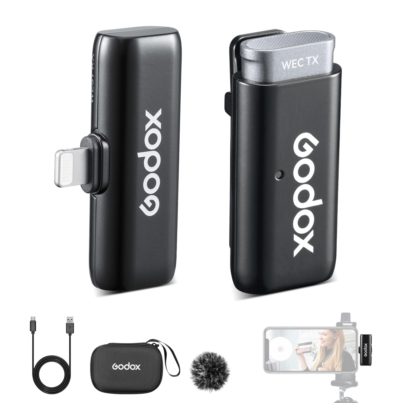 Photo 1 of GODOX WES1 Kit1 Wireless Lavalier Microphone for iPhone, MFi Certified, Plug and Play, Noise Cancelling Lapel Mic with 656ft Transmission, Compatible with iPhone, iPad, for Vlogs/Interviews/Live