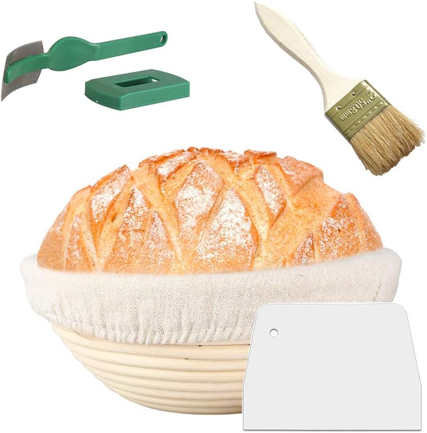 Everyfit Round Bread Proofing Basket, Natural Rattan, Professional Bread Proving Bowl, Bread Decor Stencils, Bread Baking kit, Linen Benetton Cover (8.7in Set)