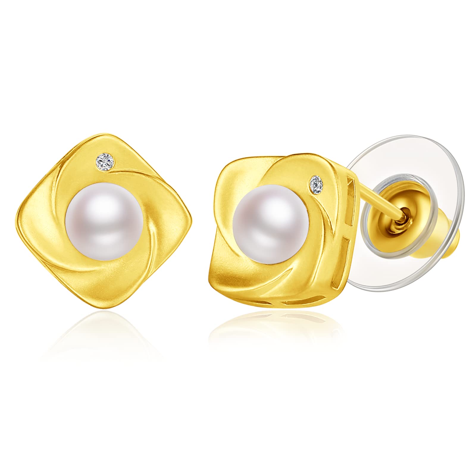 Yellow Gold Plated Sterling Silver Post Flower Pearl Stud Earrings for Women Jewelry Gifts