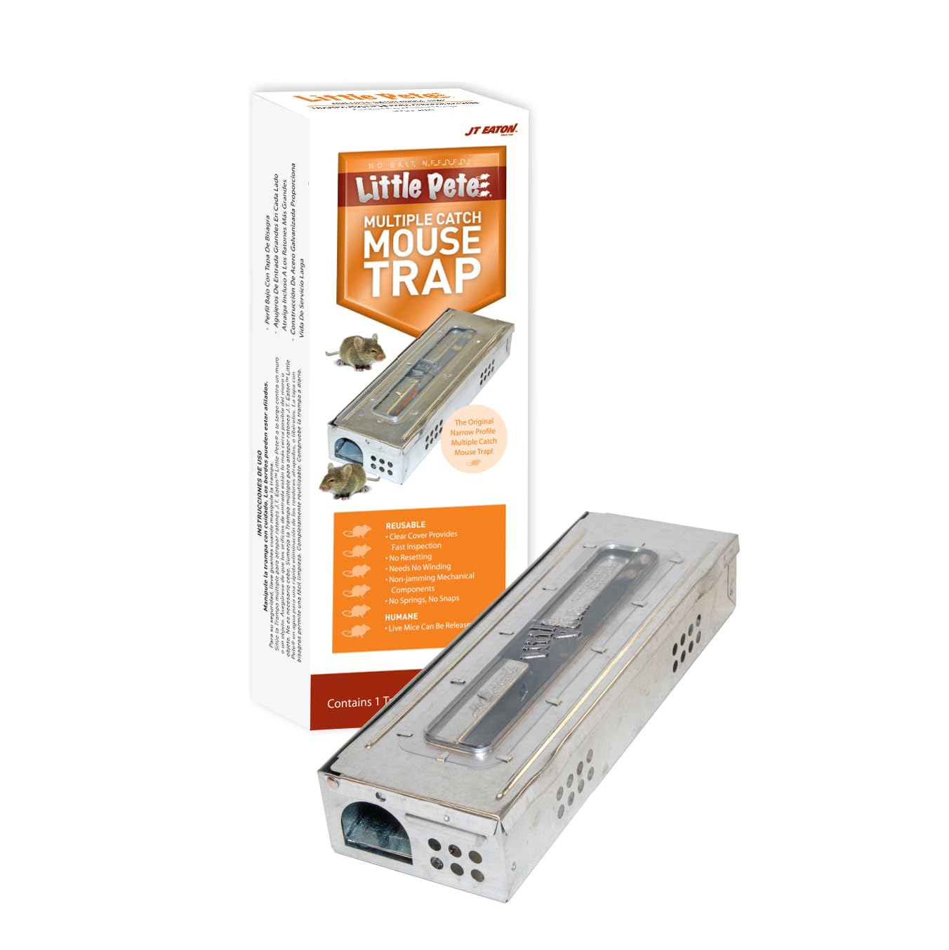 JT Eaton 428CL Little Pete Slim Multiple Catch Live Mouse Trap with Clear Lid, No Bait Needed, Pack of 1
