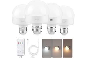GOEBLESON Rechargeable Light Bulbs with Remote Control 4 Packs, Battery Operated Light Bulbs with Timer & 3 Color Temperature, Dimmable Detachable Wireless LED Bulb for Lamp, Non-Hardwired, W01YBP406