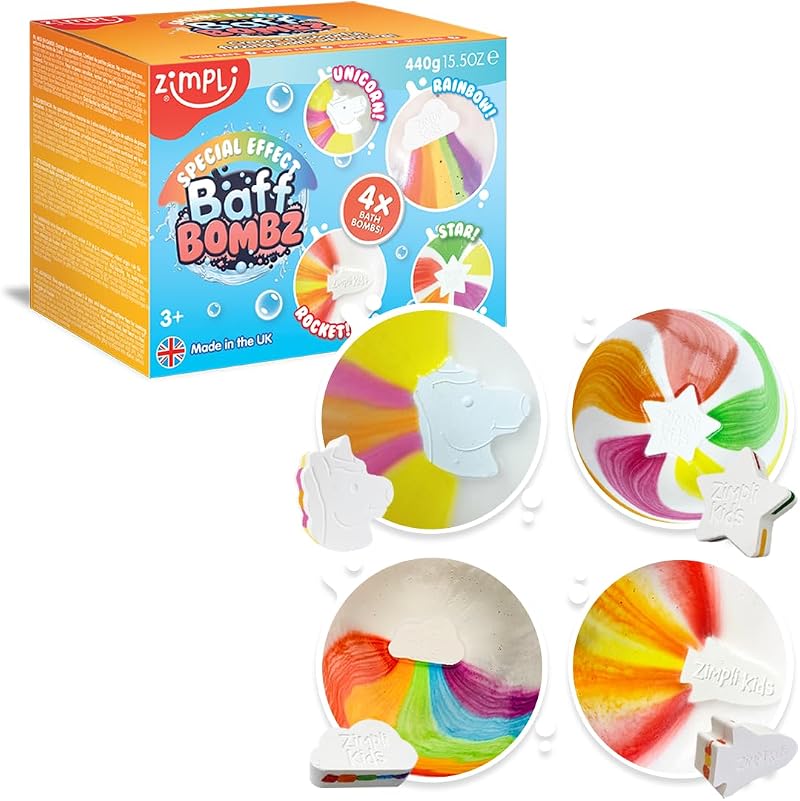 ZIMPLI 4 x Large Special Effect Baff Bombz Gift Set Rainbow Rocket Star Unicorn