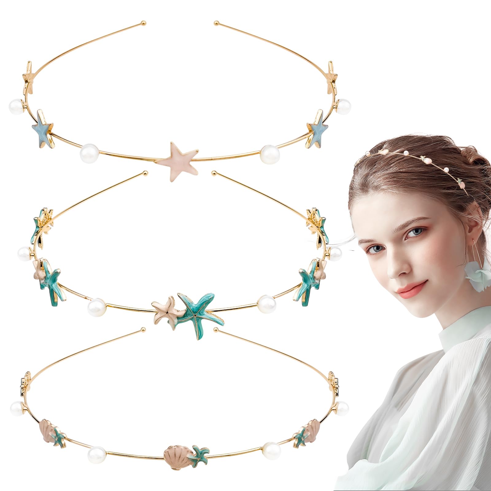 DonLeeving 3 PACK Rhinestone Crystal Starfish Headbands Handmade Pearl Seashell Mermaid Headbands Fashion Beaded Headbands Gold Metal Headbands Headdress Hair Accessories for Girls Women Teens