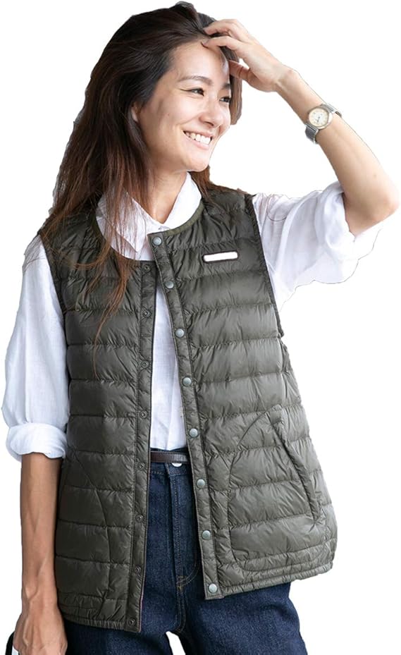 Amazon レディース ダウンベスト インナーダウン ウルトラライトダウン 軽量 防寒 暖かい シンプル 通勤 カーキ F ベスト 通販
