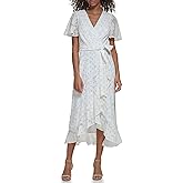 Jessica Howard Womens Wrap Chiffon Midi Dress – Short Sleeve Clip Dot Print