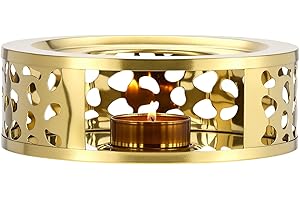 QWORK Tea Kettle Warmer, Brushed Stainless Steel Tea Kettle, Hollow Frame, with Tea Candle Holder, Fits Most Teapots, Gold