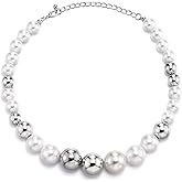 Elegant Pearl and Silver Bead Necklace, Round Faux Pearls with Polished Metal, Statement Jewelry