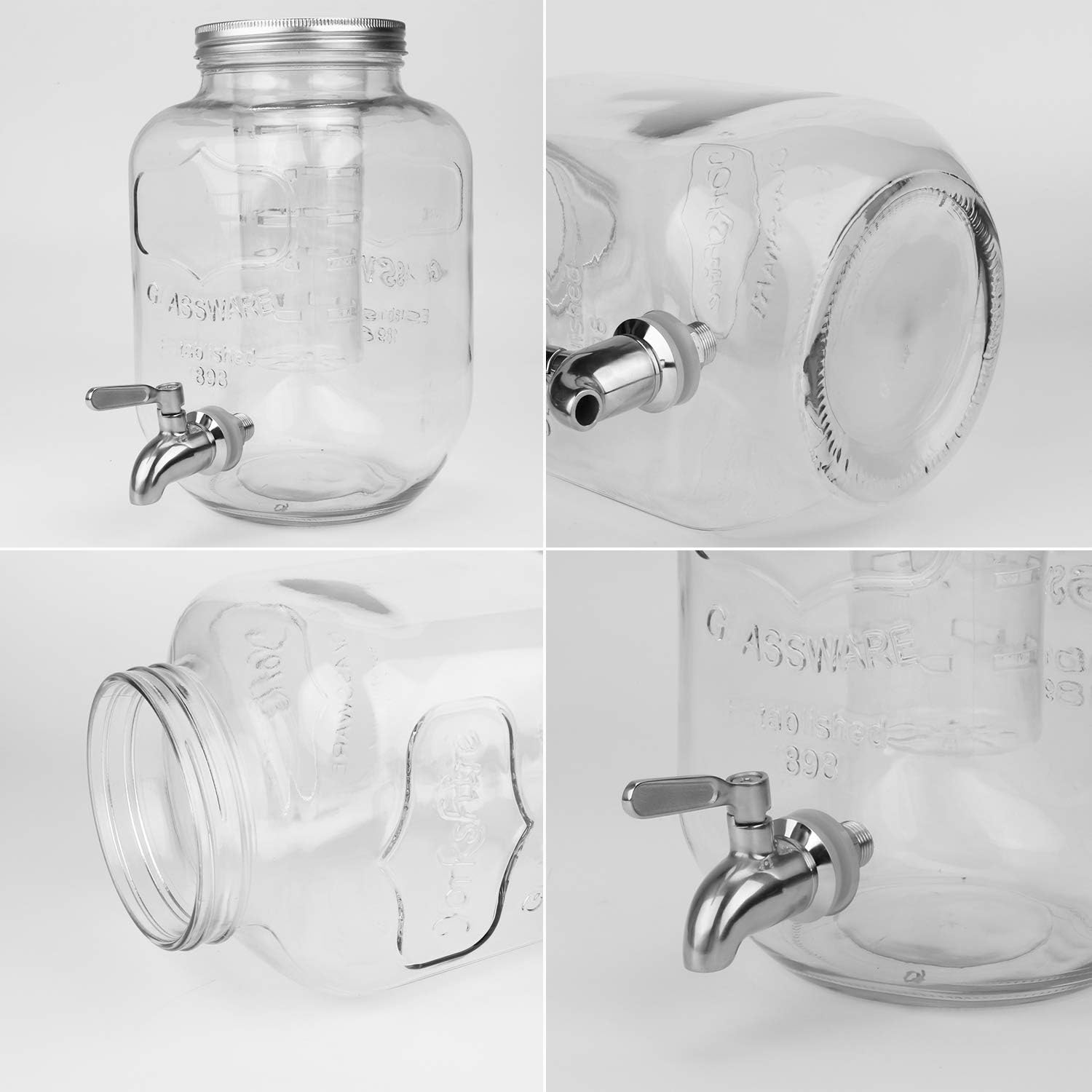 Airtight Glass Jars With Stainless Water Faucet and Ice Cylinder Perfect for Beer 1 Gallon