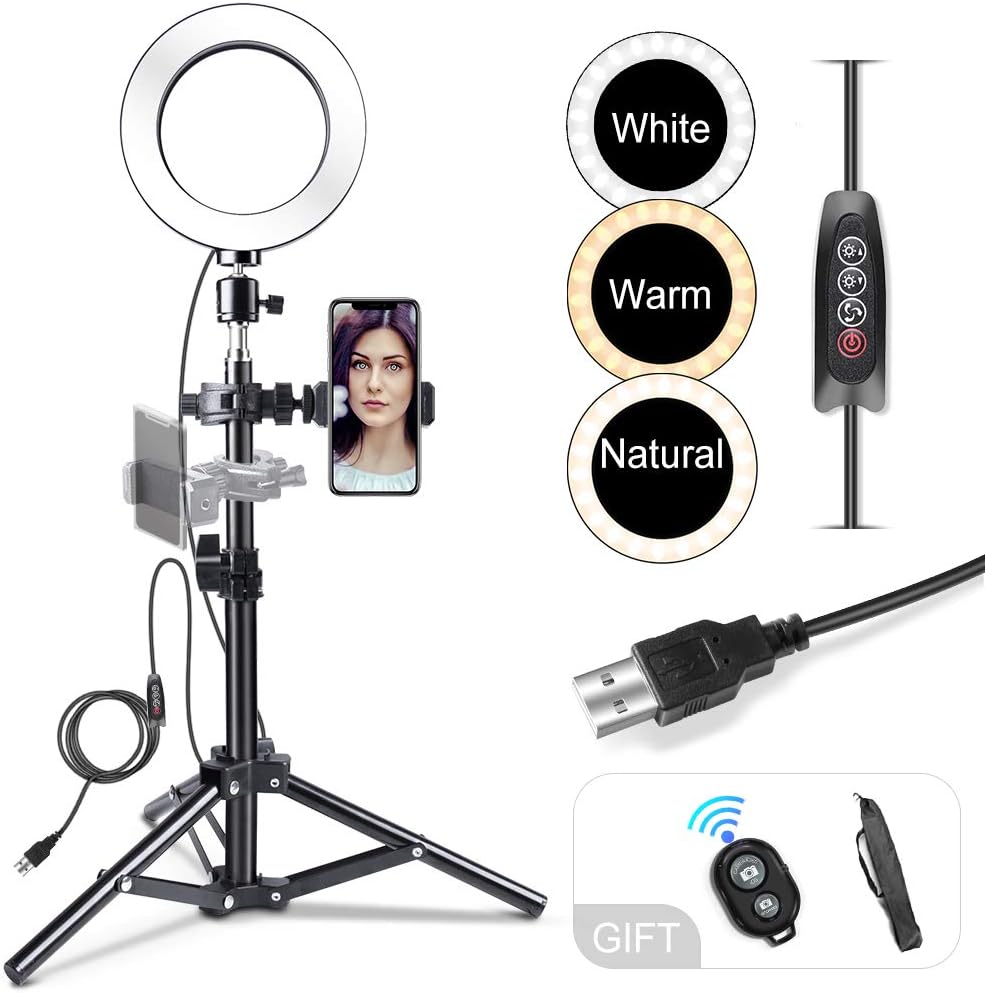 Ring Light 6", Dimmable Ring Light with Stand and Phone Holder, RTAKO 3 Colors Video Lighting Kit for YouTube Videos Live Stream, Makeup Light, Selfie Light Photography Compatible with iPhone Android