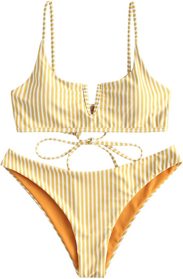 Women's V-Wired Striped Reversible Two Piece Bikini Set Strappy Swimsuit