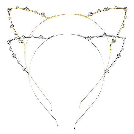 Kristall Strass Metall Katze Ohr Stirnband Haarreif, 2 Stück, Golden und Silbern