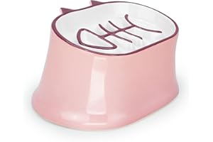 Y YHY Slow Feeder Cat Bowl, Elevated Cat Food Bowl Tilted Design, Dog Slow Feeder Ceramic Bowl, Fish Bone Slow Feeder Anti Vomiting for Dry and Wet Food, Pink