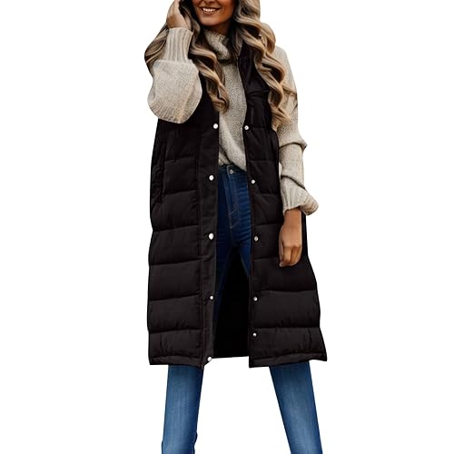 Women's Long Hooded Gilets Zip Up Sleeveless Puffer Coat Vest For Women Uk Plus Size Padded Warmth Jackets Winter Thickened Parka Tank Top Ladies Solid Color Waistcoat Bodywarmer Gilet