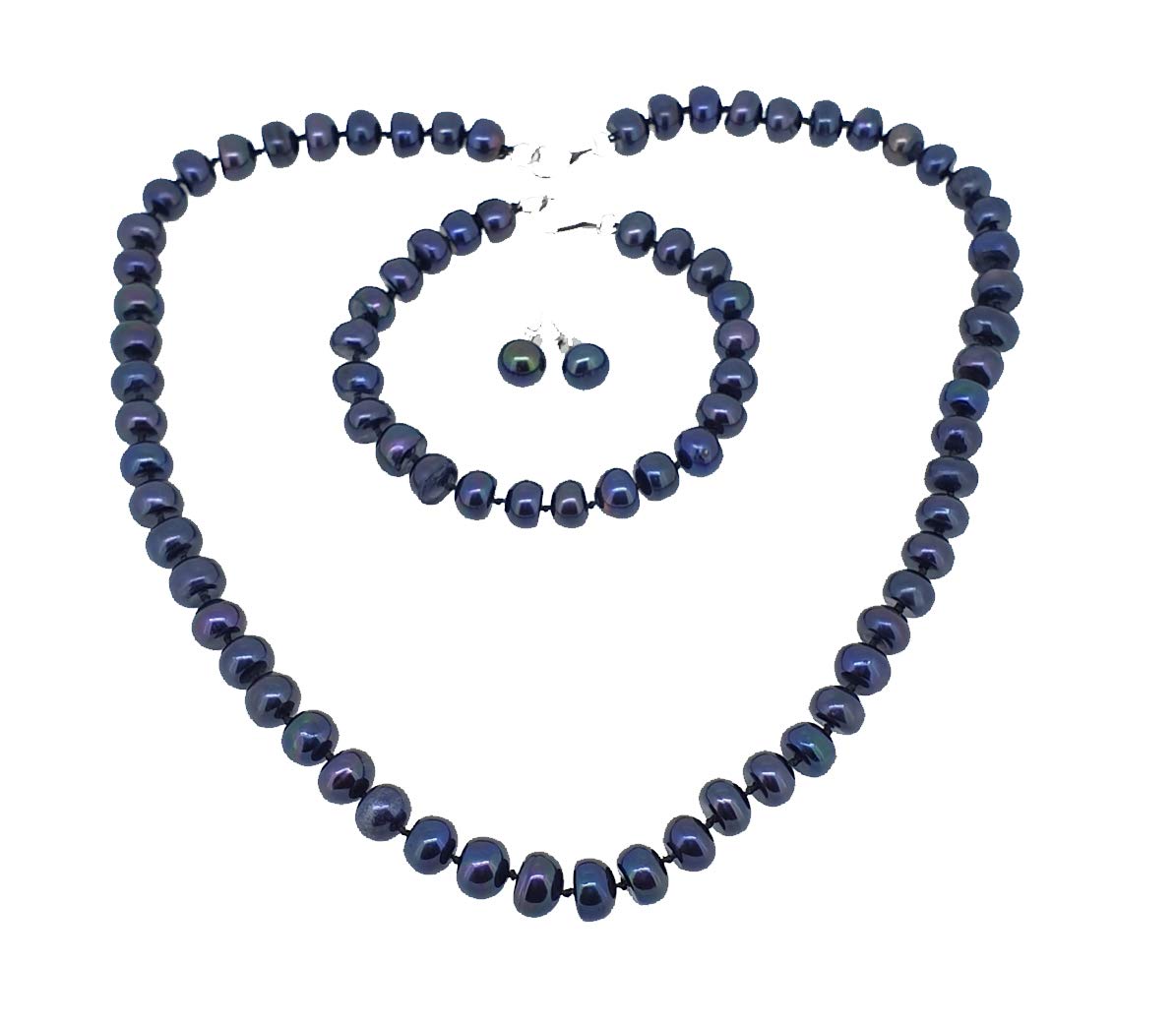 Treasure Bay Pearl Jewellery Set, 7-8mm Black Natural Freshwater Pearls Necklace, Bracelet Set