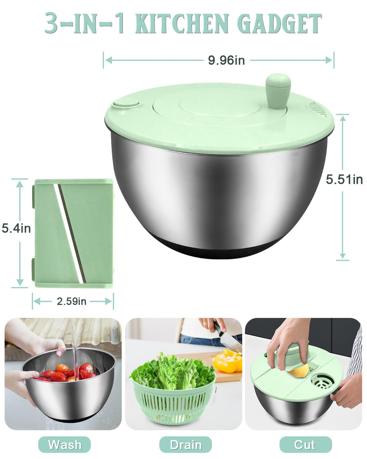 VVAKAM 5.3QT Salad Spinner Large,Stainless Steel Lettuce Spinner,Fruit Vegetables Wash Bowl with 5 Blade Slicer,Egg Yolk Strainer Slicer Shredder,Kitchen Colander for Salad Make and Food Washing