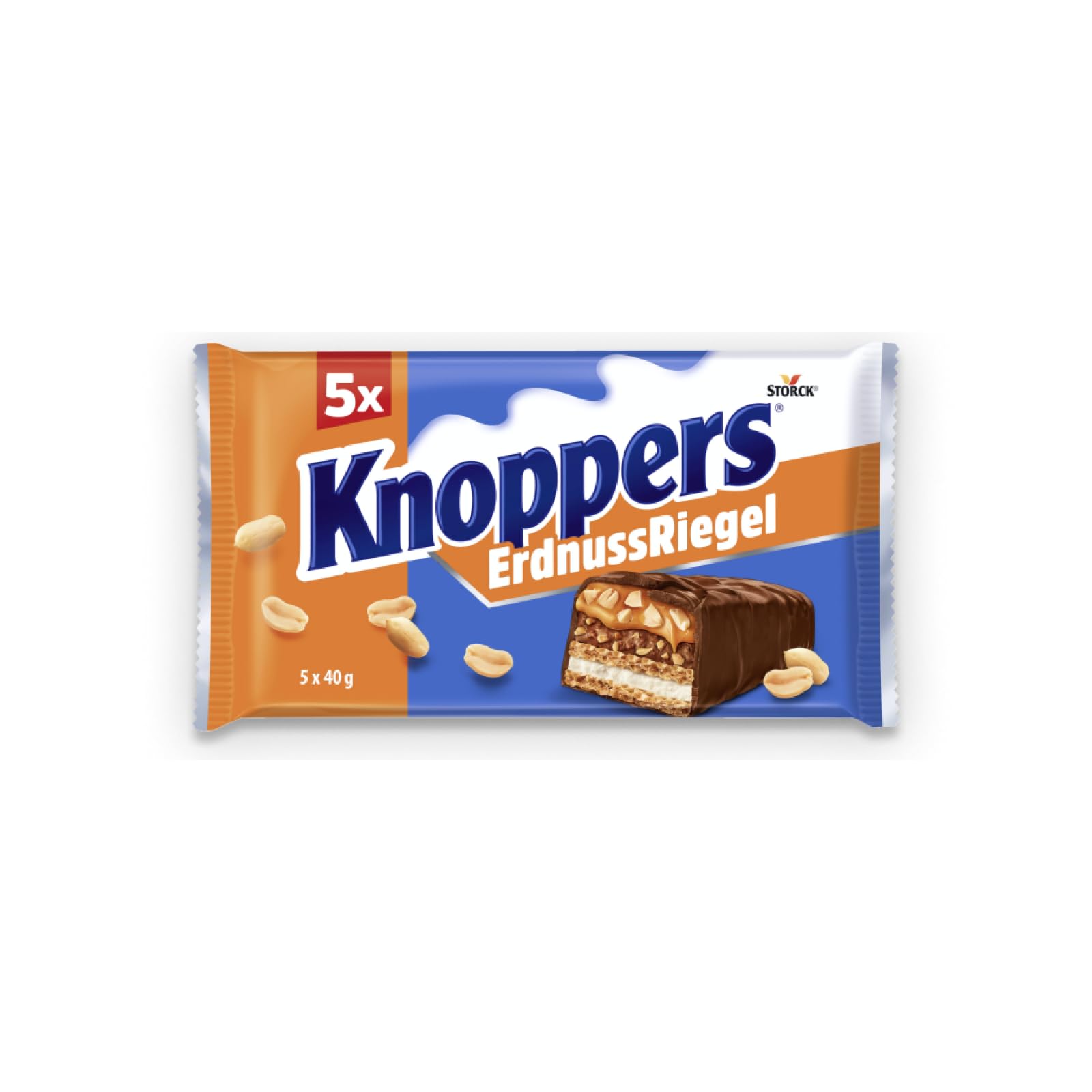 Knoppers ErdnussRiegel – 1 x 200 g (5 Riegel) – Schokoriegel mit Milch- und Erdnusscreme, gehackten salzigen Erdnüssen, Karamell und Vollmilchschokolade