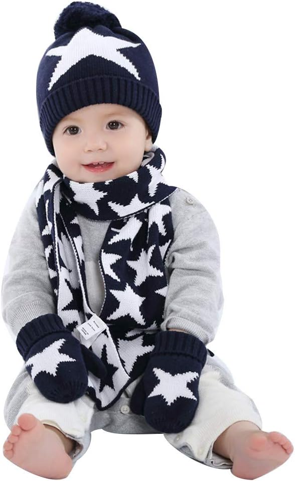 Baby Boy Girl Toddler Winter Knit Beanie Warm Hat Scarf and Mittens Set