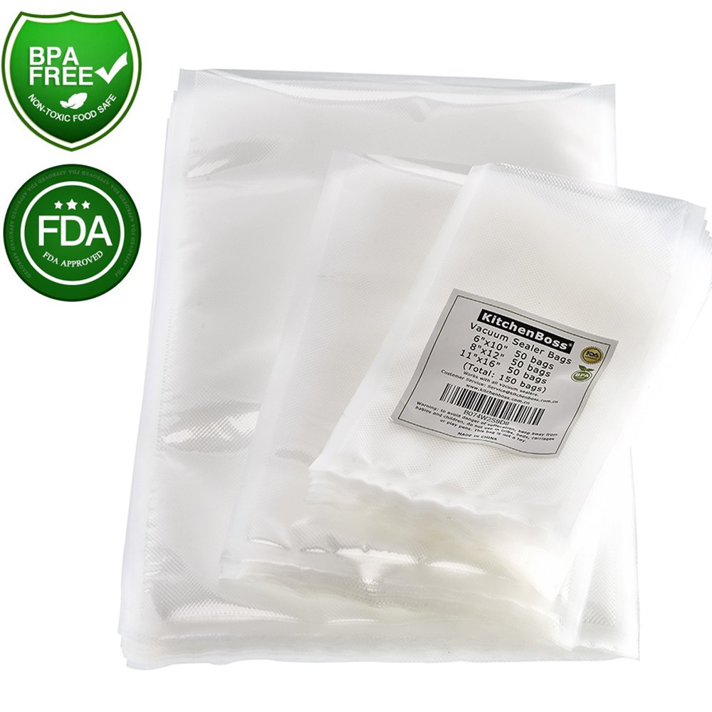 Vacuum Sealer Bags 50 of Each Size 6"x10" Pint, 8"x12" Quart and 11"x16