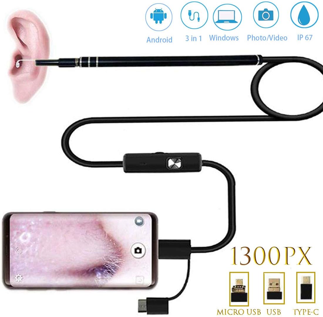Surfei Ear Cleaning Endoscope,3in 1 USB Visual Ear Otoscope Inspection Earwax Remover Camera 1.3MP HD Waterproof with 6 Adjustable LED Lights for Android, Windows, MAC, PC, Micro USB, Type c-Black