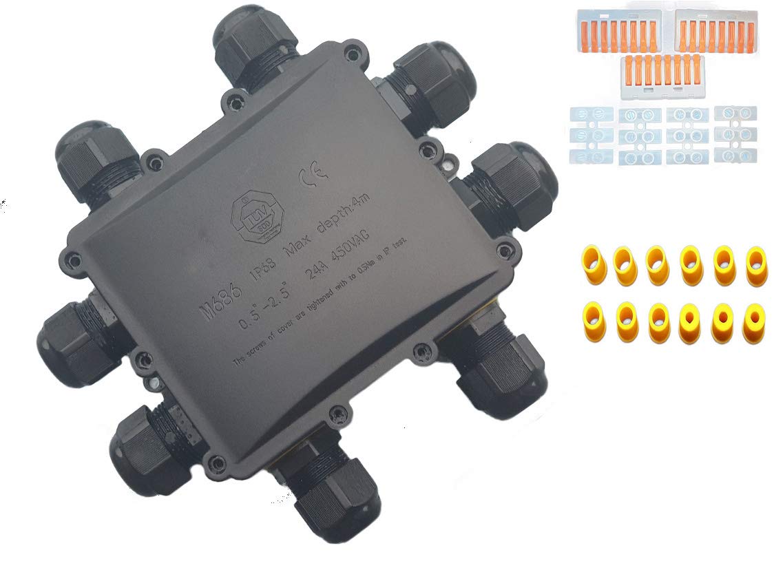 Sucre Auxiliary ® 24A 450V 8 Way Large Box IP68 Waterproof Electrical Cable Wire Connector Junction XL Size Box 4-14 mm Cable Range (8 Way)