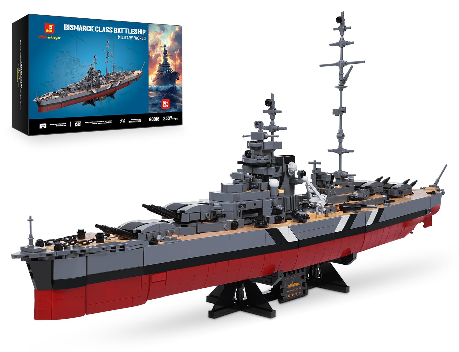 JMBricklayer Bismarck Schlachtschiff Klemmbausteine Bausatz 60015, 2537 Teile WWII Kriegsschiff Modell für Erwachsene, MOC Deko für Zuhause & Büro, Geschenk für Jungen & Männer ab 14 Jahren