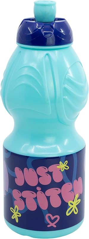 Garrafa de plástico infantil Stitch de 400ml com tampa anti-gotejamento e fita antiderrapante para crianças sem BPA