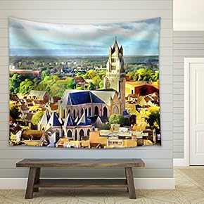 Medieval Church Among Buildings Aerial View Illustration - Fabric Wall Tapestry Home Decor - 51x60 inches