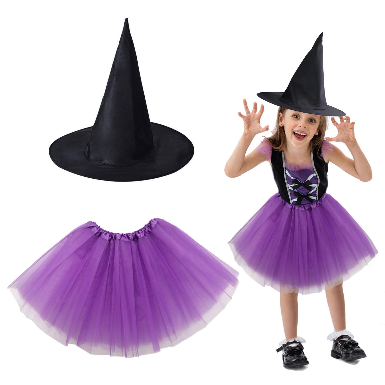 EUPSIIU Kids Purple Witch Costume Black Pointed Wizard Hat Tutu Dress Witch Hat Witch Outfit Halloween Dress Up Boys And Girls Carnival World Book Day Book Characters Costumes (2 pcs)