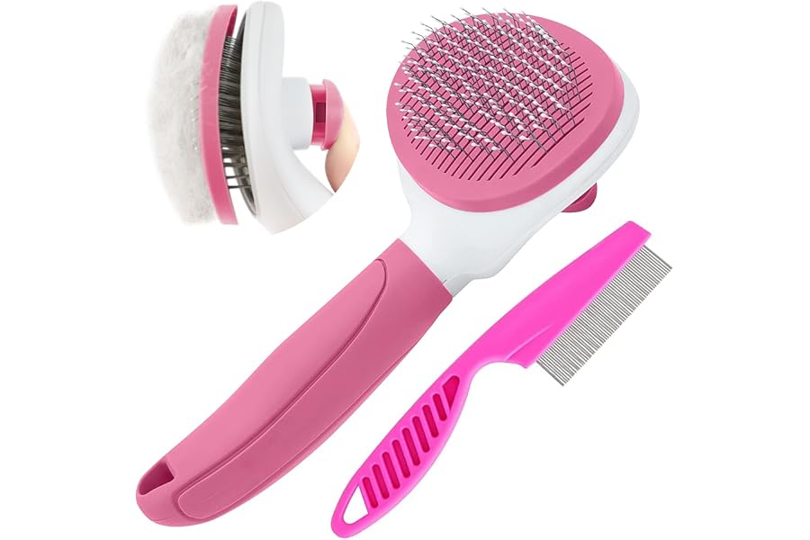 Cat Brushes for Indoor Cats, Dog Brush for Shedding with Metal Cat Comb, Self Cleaning Pet Hair Brush with Release Button for Grooming Kitten(Pink)