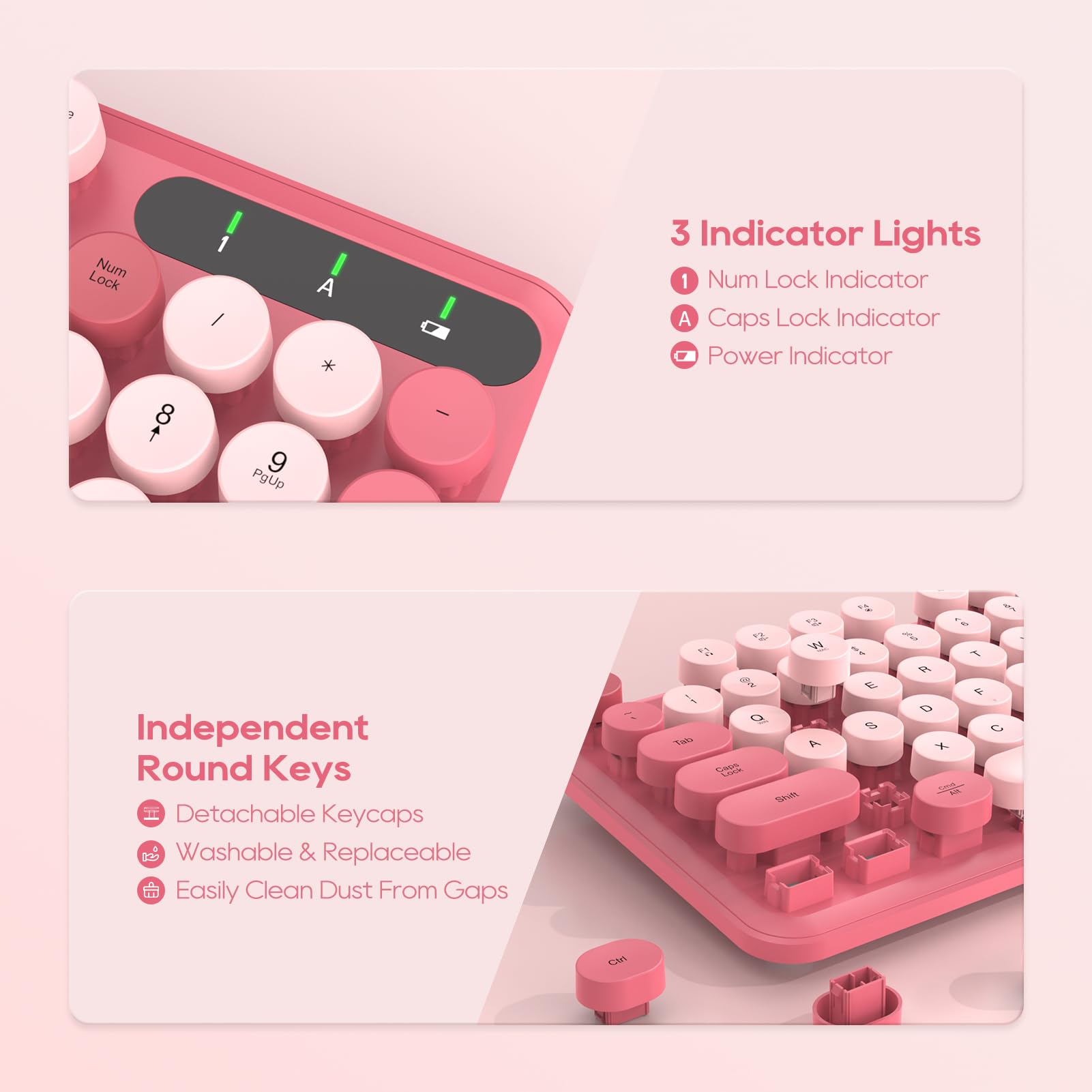 Wireless Keyboard and Mouse Combo - Round Keycaps, Full-Size Retro Typewriter Keyboard with Detachable Wrist Rest, Sleep Mode & Tilt Legs, 2.4GHz Cordless Connection for Mac/Windows/PC (Hot Pink)