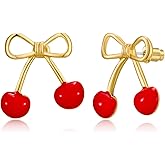 ENSKEFEN Gold Bow Cherry Earrings for Women Funny Bowknot Red Cherry Drop Stud Earring Cute Fruit Statement Earrings