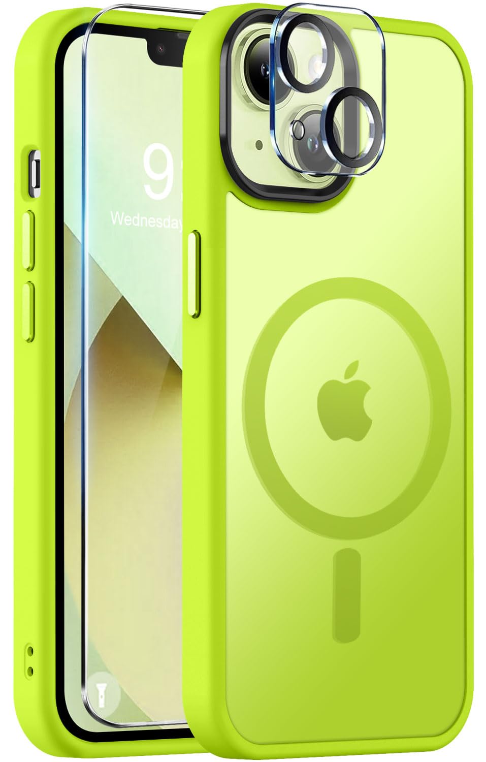 BossKiss Compatible with iPhone 13 Case, [Compatible with Magsafe] [Screen+Camera Protector] Magnetic Translucent Matte Women Men Girl Protective Cover for iPhone 13 6.1", Fluorescent Green