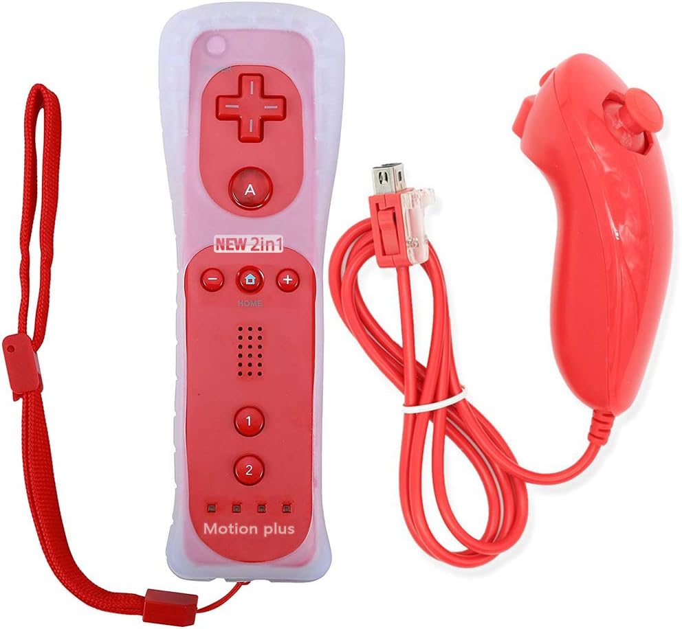 Wii Remote Game Control, New 2 in 1 Built-in Motion Plus Remote and Nunchuk Controller with Silicon Case for Nintendo Wii and Wii U Gamepad Console(Red)